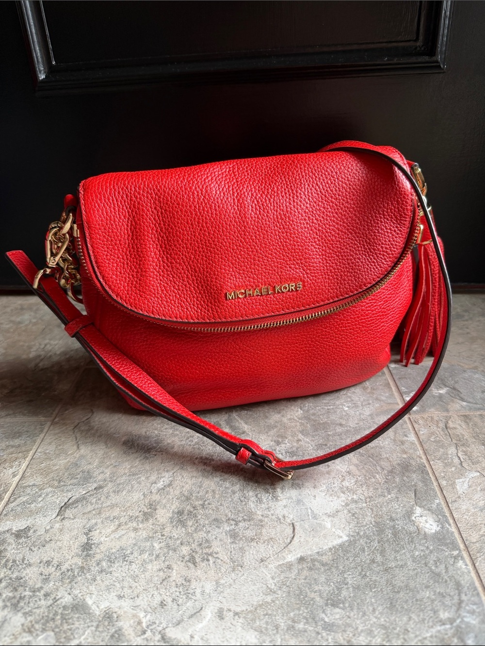 Michael Kors Vibrant Red Pebbled Soft Leather Crossbody with Tassel